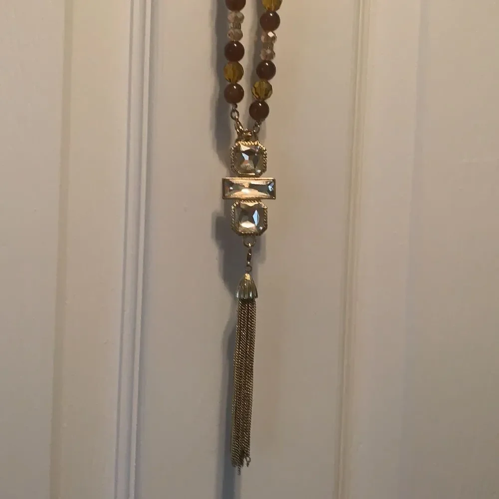 Long‎ Brown Gold Beaded Necklace with Tassels 24 Inches Long